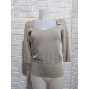 WHBM Women's Metallic Gold Shimmer Sweetheart Neck 3/4 Sleeve Knit Top Size XS